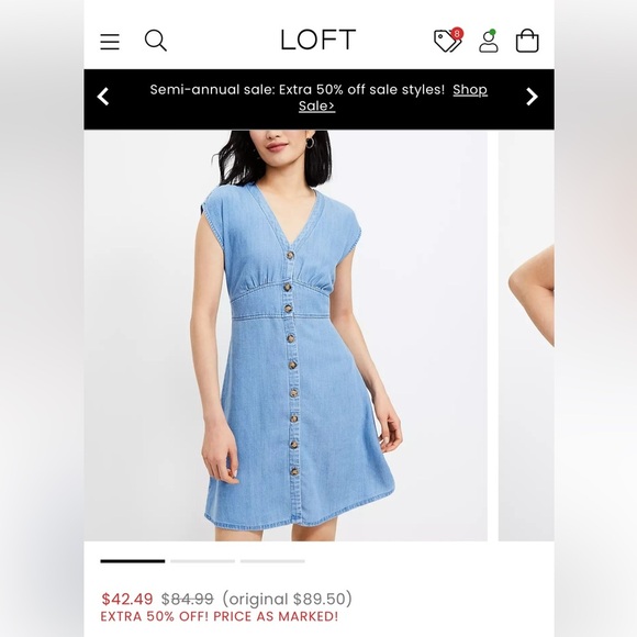 Loft Blue Denim, V Neck, Button Down, A-Line Dress, Size 14 - Picture 4 of 16